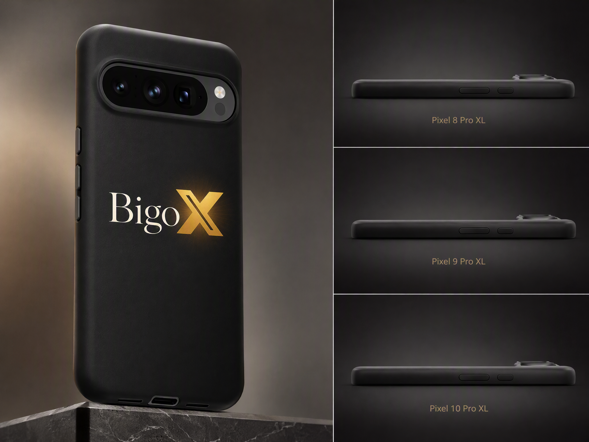 Coque Bigo X sur un téléphone Pixel, logo or au dos